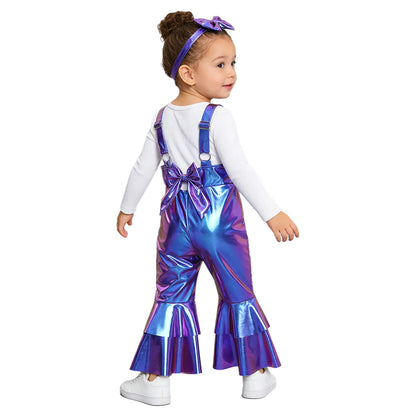 Baby Girls Clothes Birthday Party Metallic Bell Bottoms Romper Djustable Straps Bow Overalls with Headwear Photo Shoot Outfit