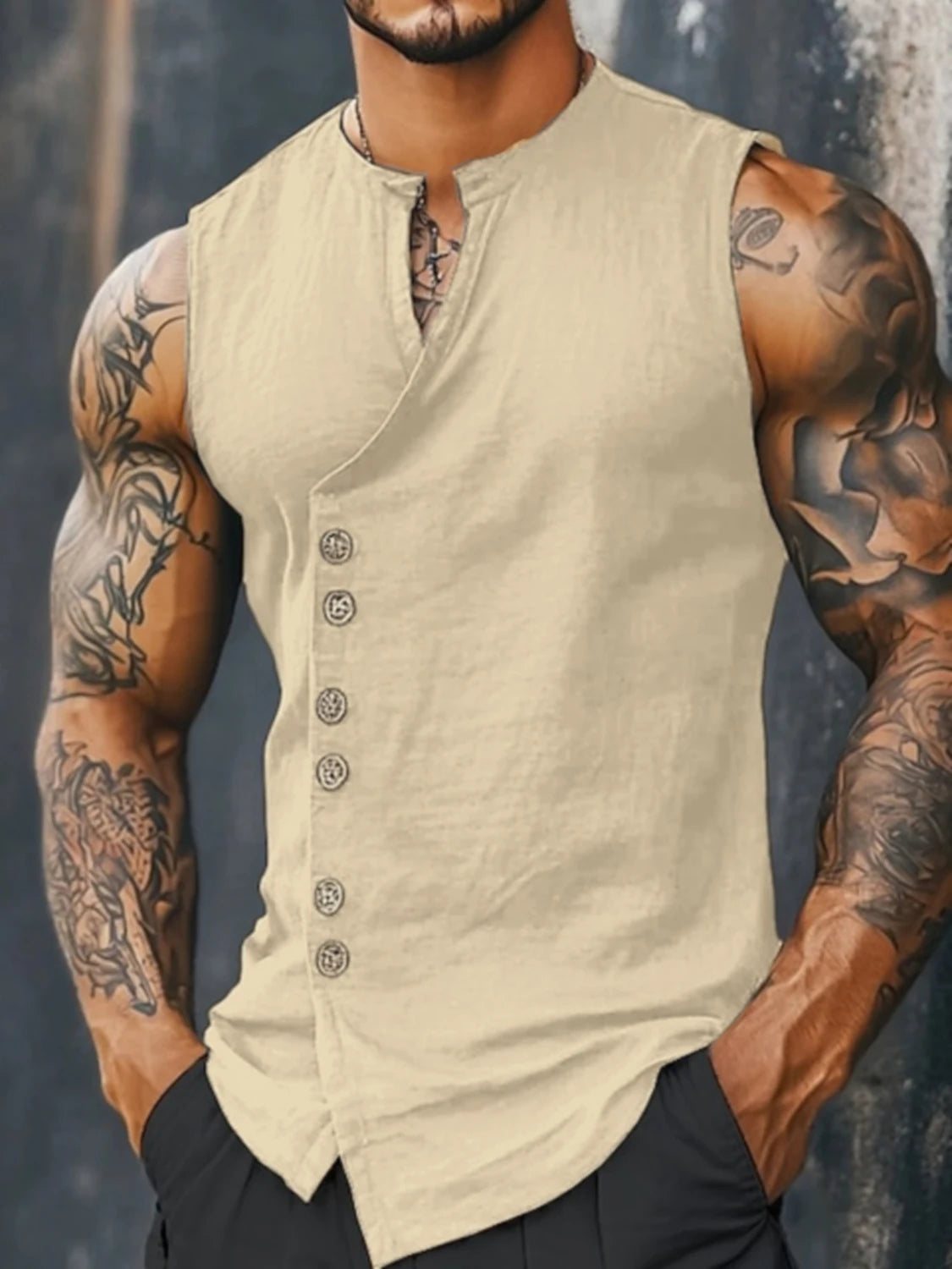 Mens Beach Vacation Linen Look 2 Piece Set, Sleeveless Stand Collar Vest & Side Button Wide Leg Trousers, Breathable Casual Summ