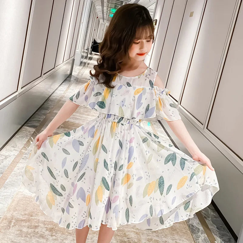 2026 teens Summer baby Girls Dress Clothes mesh leaf Bohemian Floral Off Shoulder chiffon Long Beach 3 4 5 6 7 8 9 10 12 years