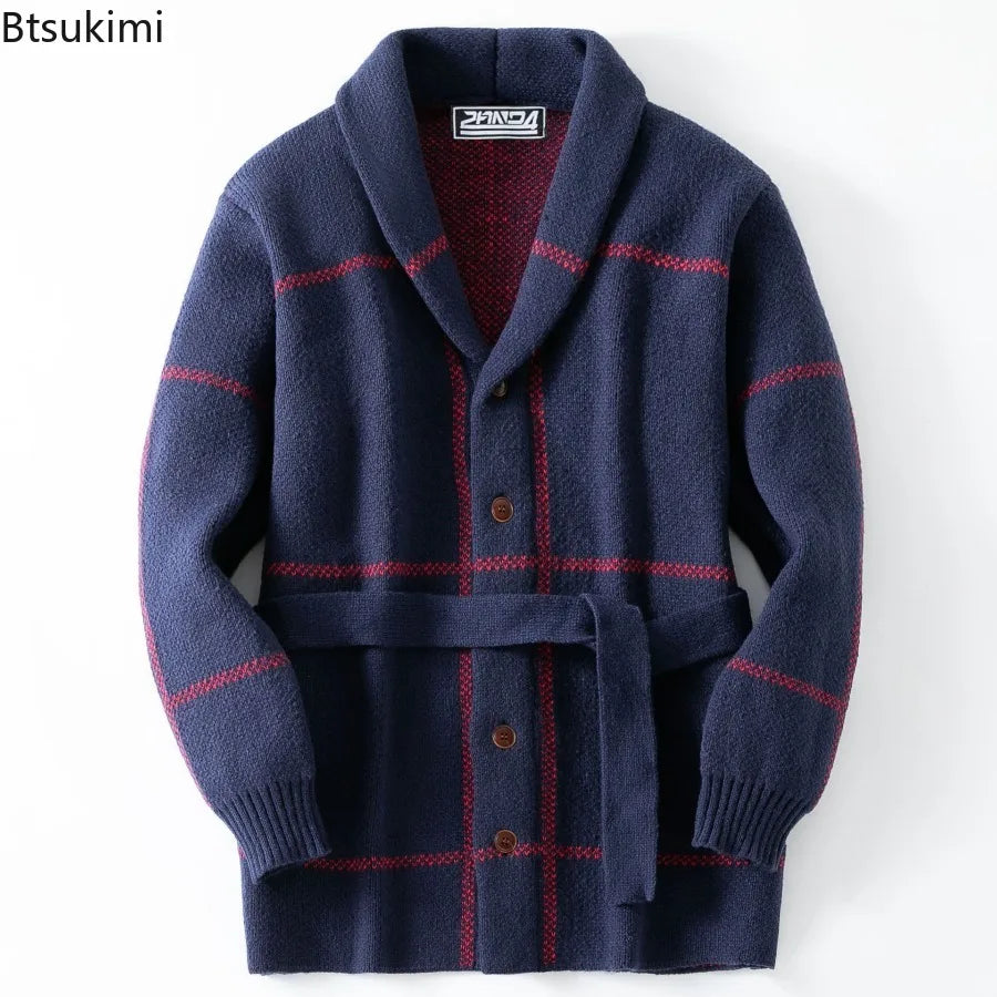 Men Sweaters Vintage Striped Thicken Knitted Buttons Lace-up Cardigan Sweaters Fashion Jacquard Mid-length Sweater Coats for Men