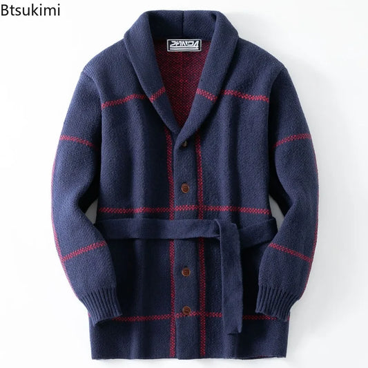 Men Sweaters Vintage Striped Thicken Knitted Buttons Lace-up Cardigan Sweaters Fashion Jacquard Mid-length Sweater Coats for Men