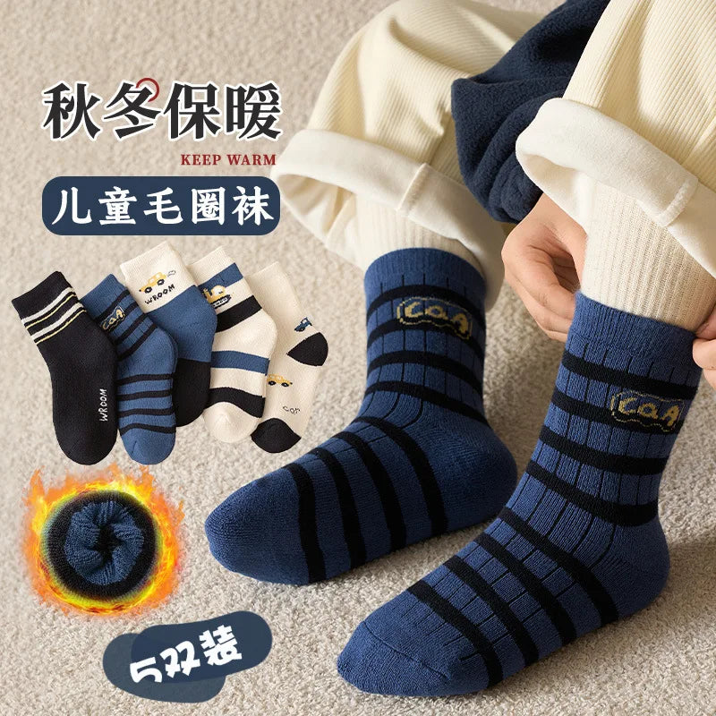 5 pairs of thick socks for girls in winter, medium to large-sized long tube looped socks with fleece added