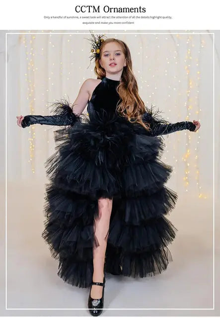 Girls Pageant Dress High Neck Halter Feather Sleeves Tiered Tulle Gown Formal Party Wedding Flower Girl Birthday Costume