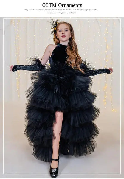 Girls Pageant Dress High Neck Halter Feather Sleeves Tiered Tulle Gown Formal Party Wedding Flower Girl Birthday Costume