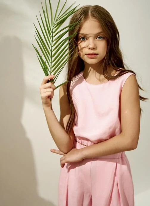 Girls Suit 2025 Summer Girls Cotton and Linen Fashion Waist Vest Suit Straight Pants Children's Two-piece Set Fashion