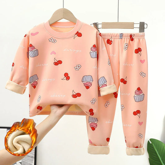 Girls Warm Pajama Clothing Sets Autumn Winter Kids Plus Velvets Suits Teen Boys Fashion Print Pullover+Pants 2Pcs Outfits 1-14 Y