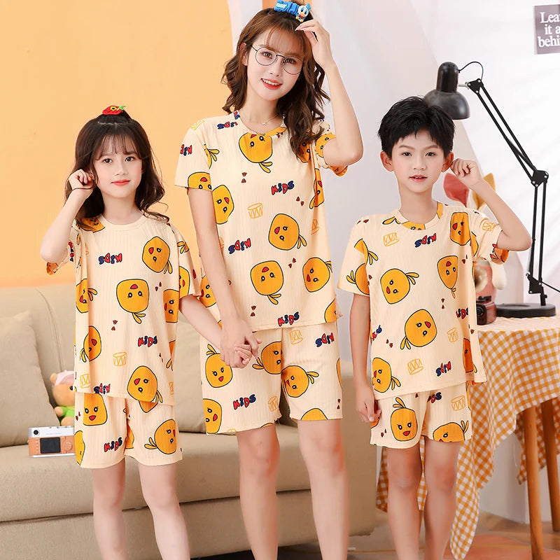 2 pieces for boys and girls pajamas Summer parent-child thin short sleeve cute neutral children's set CuHK children's homewear