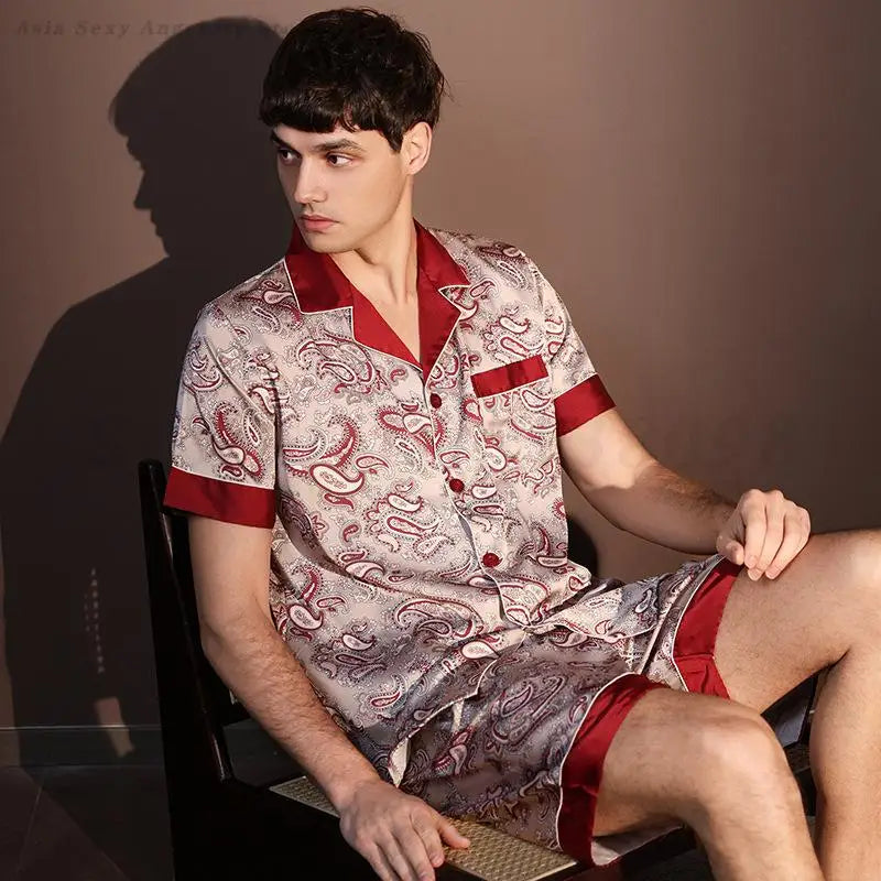 Large Size 3XL Men Pajama 2Pcs Set Summer New Short Sleeve Shorts Pijamas Suit Loose Ice Silk Satin Sleepwear Male Home Clothes