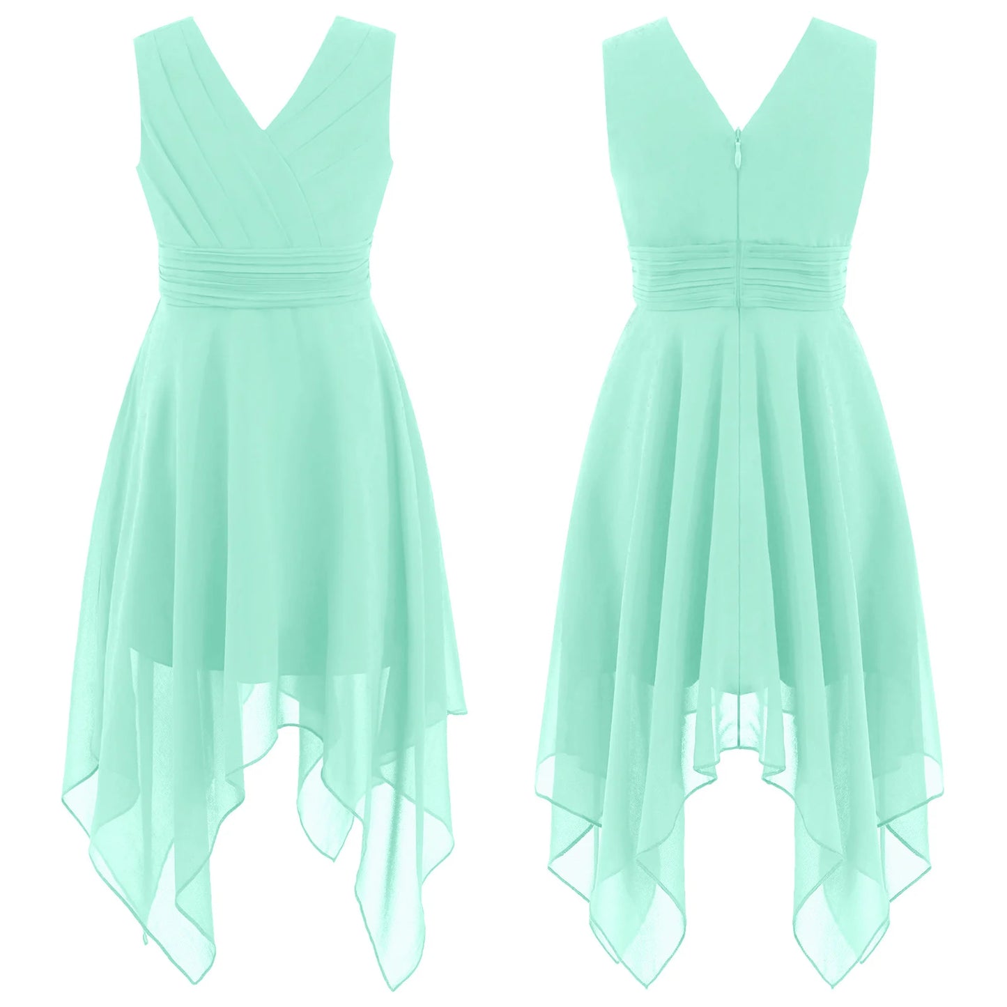 Teen Girls Elegant Scoop Neck Floral Lace Formal Wedding Party Dress Flower Girls Long Sleeve High-Low Chiffon Bridesmaid Dress