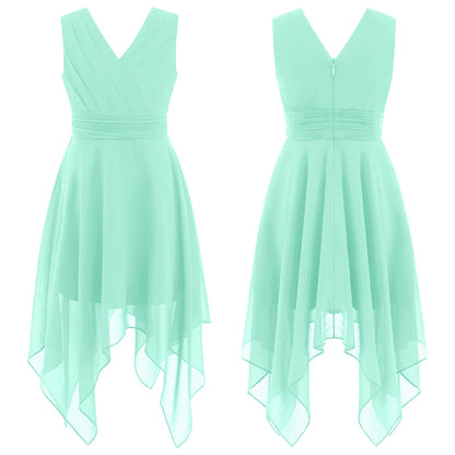 Teen Girls Elegant Scoop Neck Floral Lace Formal Wedding Party Dress Flower Girls Long Sleeve High-Low Chiffon Bridesmaid Dress