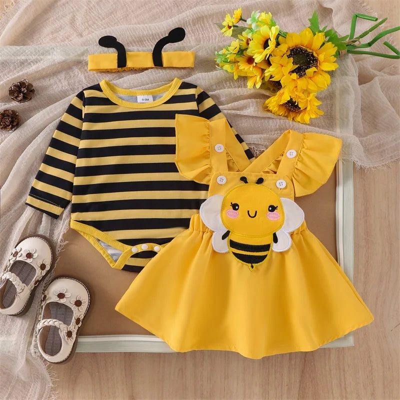 Cute Baby Girls Clothes Sets Flying Sleeve Romper Bee/Beetle Embroidery Suspender Dress Headband Sets Kids Costume