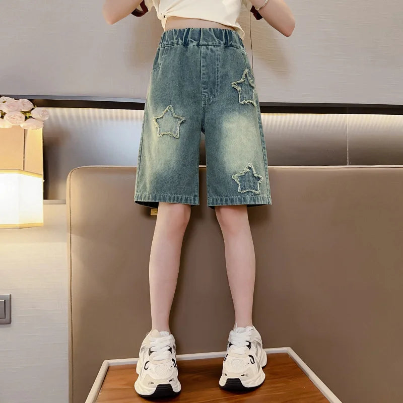 Girls Shorts Summer Kids Casual Loose Jeans Children Denim Knee Length Pants Teenager Fashion High Waist Shorts Clothing