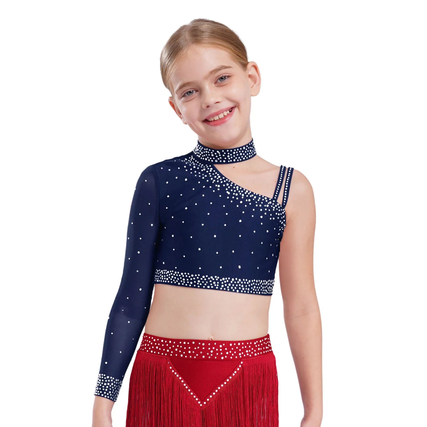 Girls Lyrical Dance Set Rhinestones Tops One Shoulder Crop Top with Side Slit Irregular Mesh Skirt Modern Contemporary Dancewear