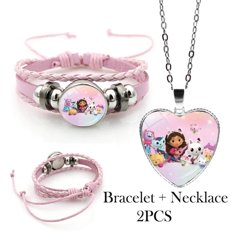 Gabby Dollhouse Girl Bracelets + Necklace Jewelry Set 2pcs Female Kawaii Necklace Chain Accessories Girl Party Birthday Gift Toy