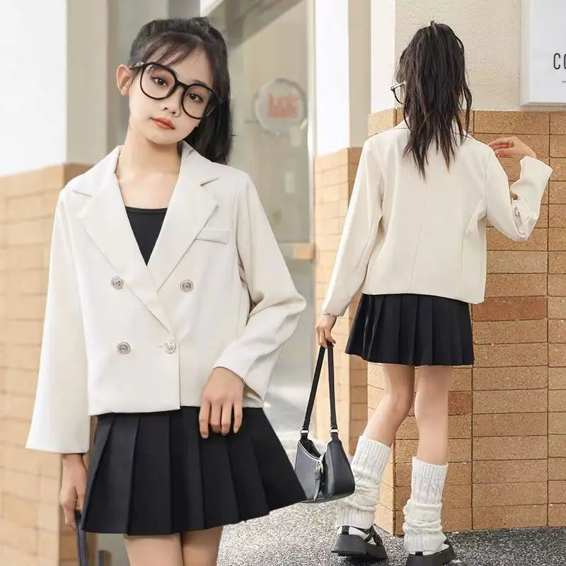 Autumn Girls short Blazer Coat White Black Fashion kids Double Breasted Suit Jacket Veste Pour Enfant Casaco Infantil Menina