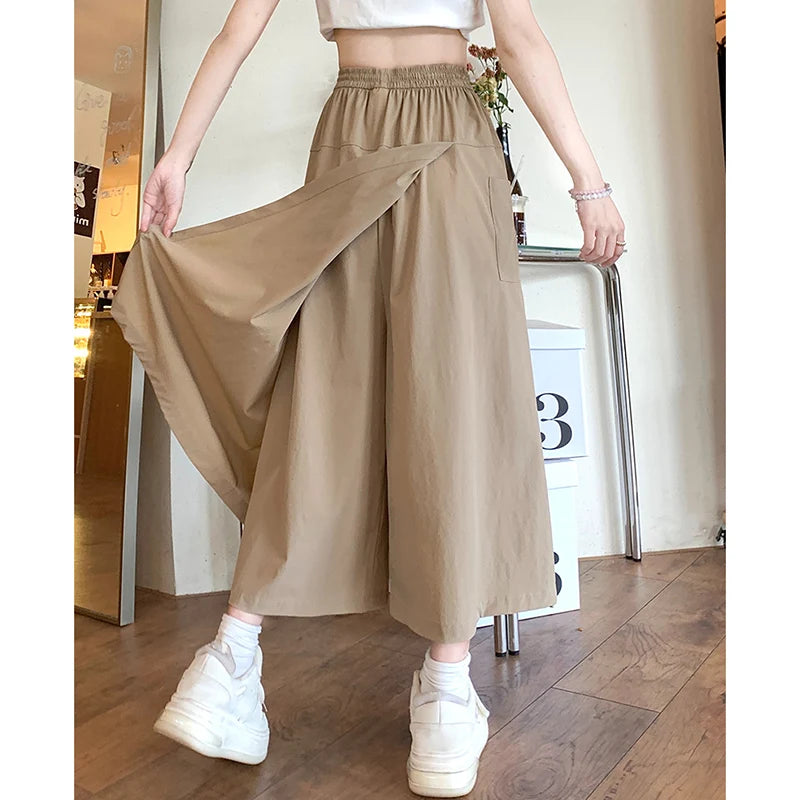 Girls Chic Elastic High Waisted Long Pants Lady Comfortable Wide Leg Trousers Women Korean Fashion Solid Color Slacks