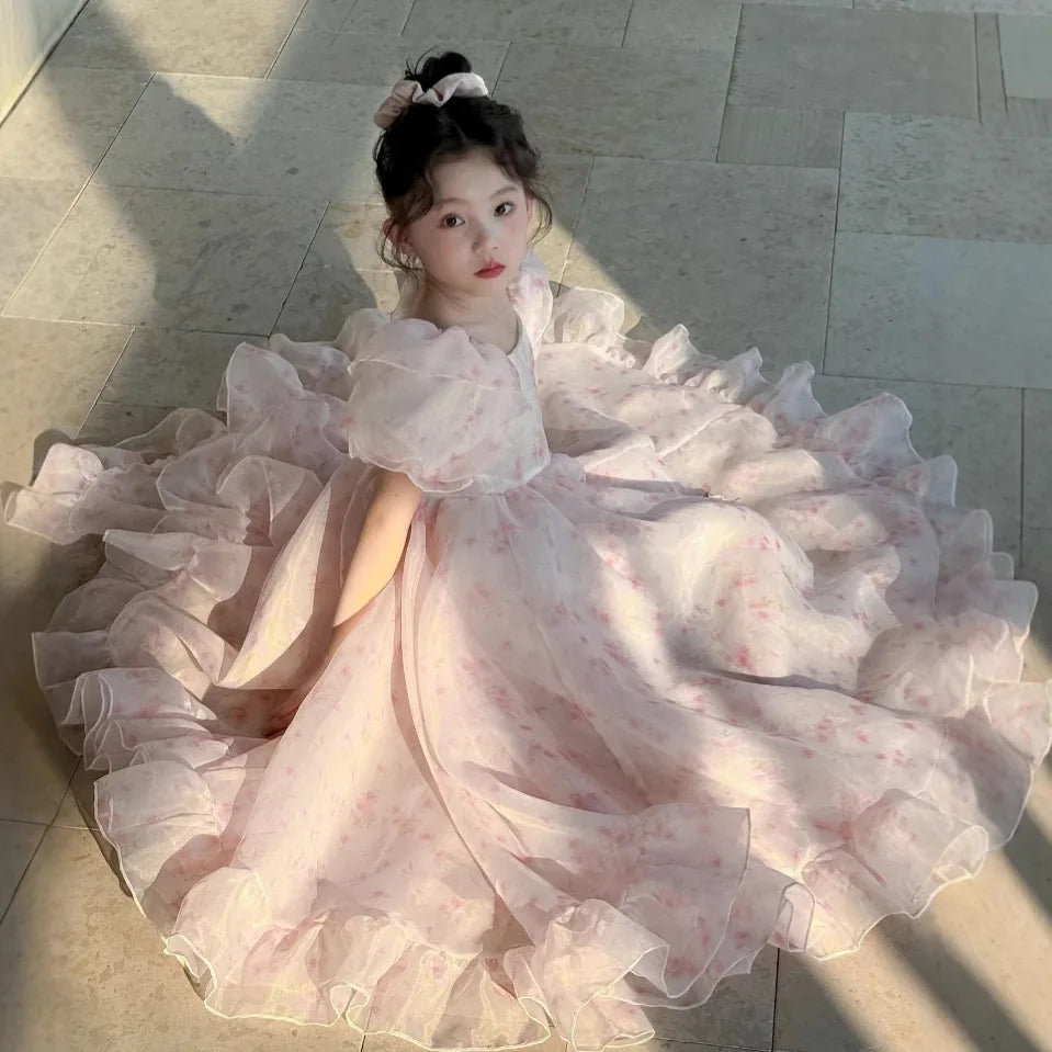 Girls Skirts 2025 Summer New Childrens Wear Korean Style Baby Girl Floral Square Collar Gauze Peng Peng Princess Skirt Casual