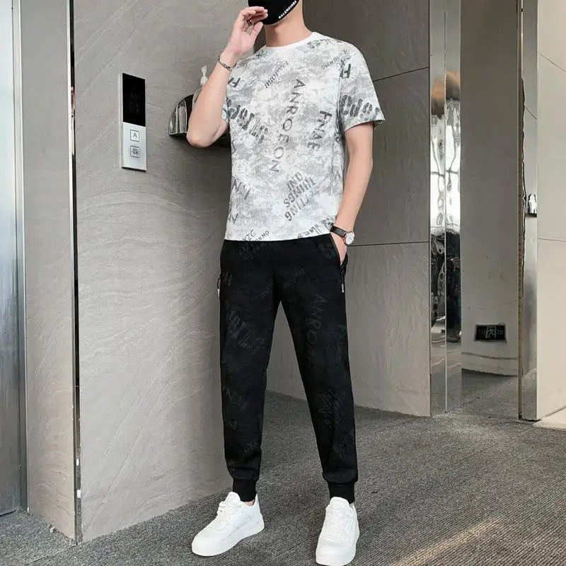 Male T Shirt Pants Sets Jogging Sports Suits Cheap Basic Tracksuit Print Smooth Top 5xl Regular Fit Graphic S Xl Clothes for Men