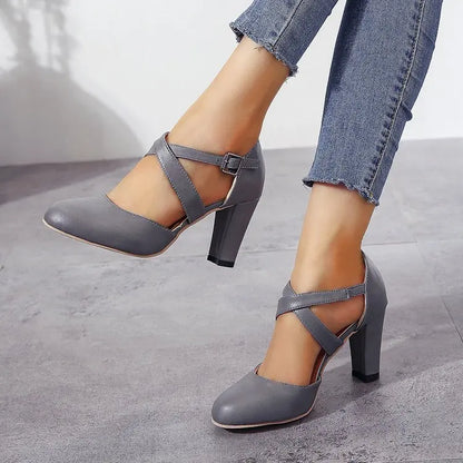 Women High Heels Shoes 2023 Autumn New Round Toe Chunky Heel Casual Platform Women's Shoes Female Belt Buckle
