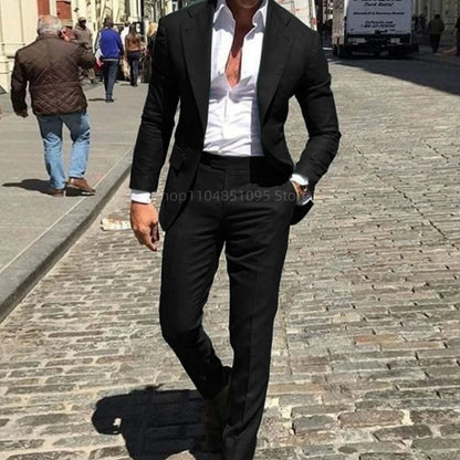 Classic Suits for Men Notch Lapel 2 Pieces Business Blazer and Pants Set Elegant Slim Fit Men's Suit for Wedding Prom Groomsmen