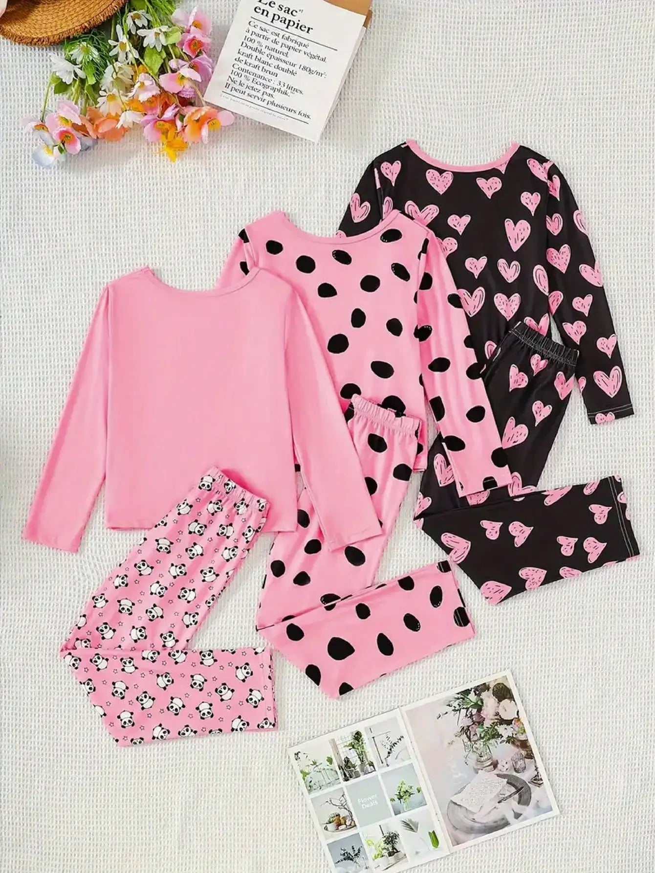 3-piece set of Big Girl casual pajamas, cute panda heart printed round neck long sleeved pants, trendy style