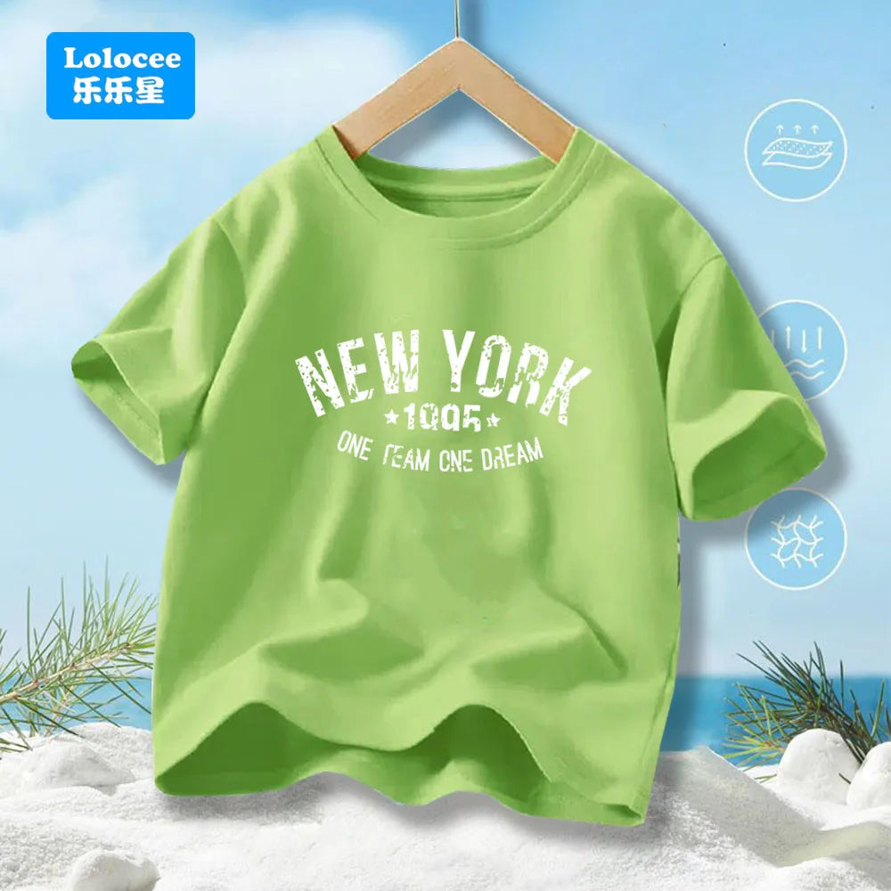 Teens Boys Summer Cotton Fashionable Casual T-shirt Kids New York Letter Printed Round Neck Short Sleeve T-shirt Top ZNYB1