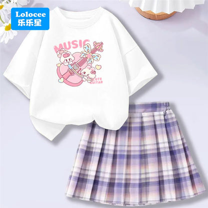 Girls' Trendy School Outfit - Cartoon Music Guitar Rabbit Print Tee + Plaid Skirt Two-Piece Set Teenage Girls Clothes Set