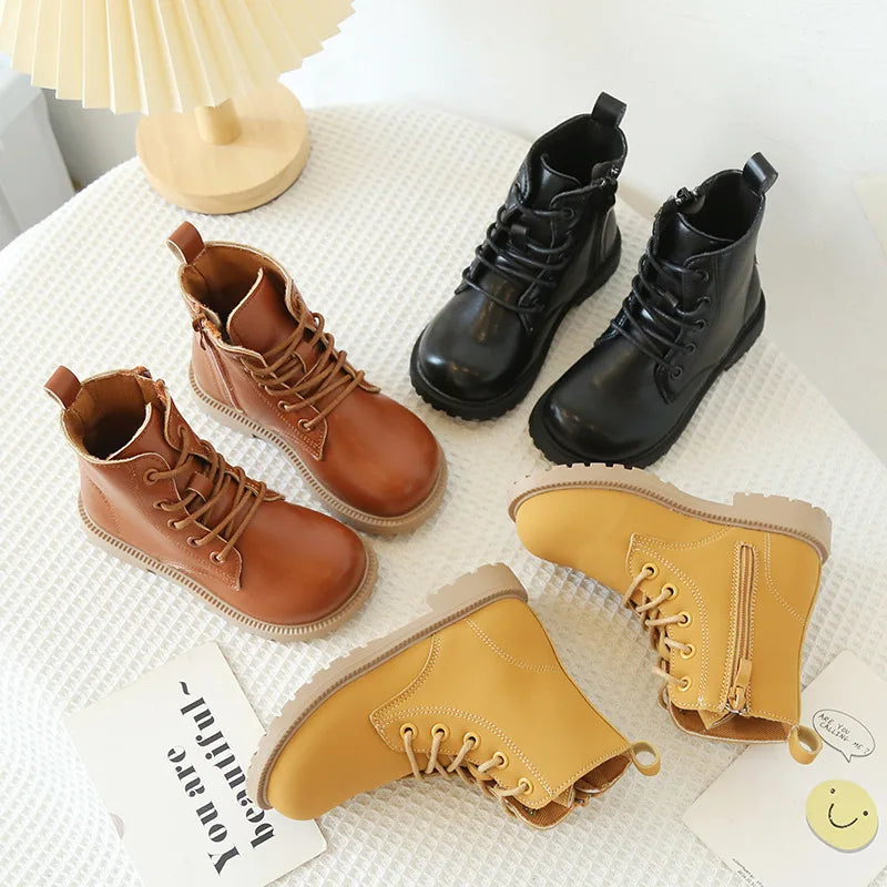 Kids Shoes for Girls Boots Fashion Solid Color Boys Leather Shoes Spring Autumn Children Student Boots