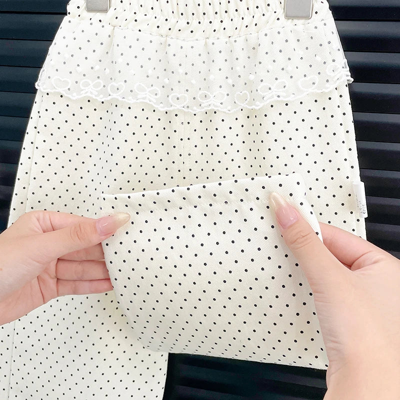 Girls' Pants Spring and Autumn Straight-Leg Pants Fashionable Beige Polka Dot Wide Leg Pants Cotton Lace Side Long Pants