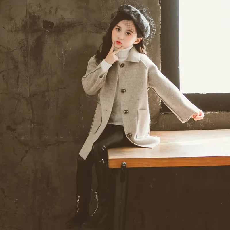 Kids Winter Wool Blend Coats Vintage Fashion Teen Girls Beige Long Jackets Warm Outerwear Thick Jacket Child 6 8 10 12 Years Old