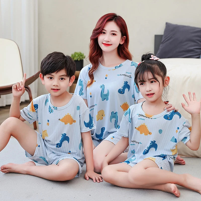 2 pieces for boys and girls pajamas Summer parent-child thin short sleeve cute neutral children's set CuHK children's homewear