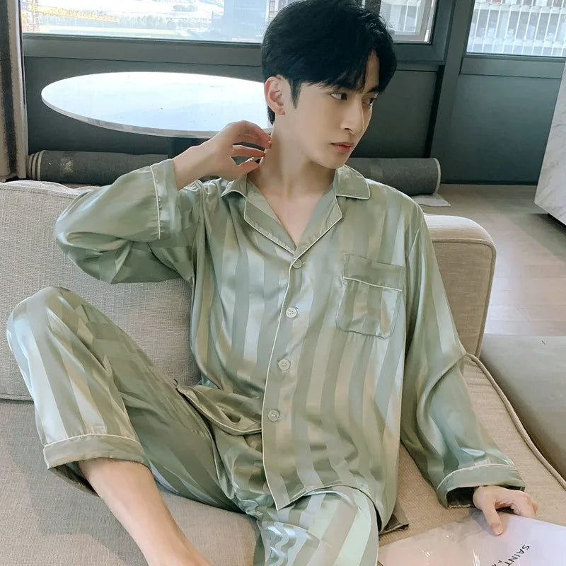 Pajamas Men Spring Summer Thin Ice Silk Luxurious Loose Fitting Home Wear Suit Male Satin Pyjamas Set Night Pajamas Set Men