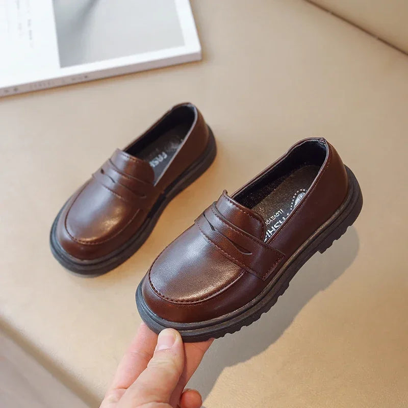 Britain Style Children's Leather Shoes for Boys 2025 Spring New Girls Retro Black Single Shoes Soft Moccasin Shoes for Children