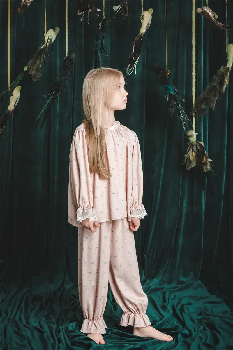 Girls Pajamas Set 2025 Spring And Summer New Blue Lace Lace Children's Home Clothing Cotton Printed Pajamas Children's Clothing