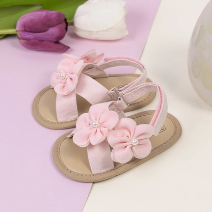 2025 New Baby Girls Shoes Flowers With Pearls Summer Cool Princess Sandals Lightweight Comfortable Soft Anti-slip Flat Sole