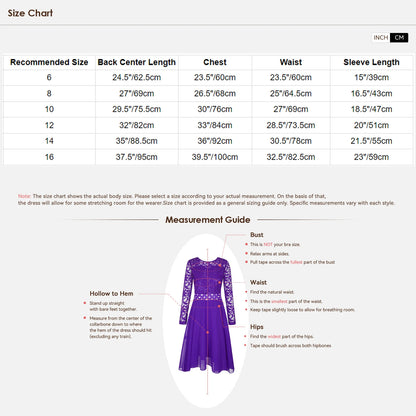 Teen Girls Elegant Scoop Neck Floral Lace Formal Wedding Party Dress Flower Girls Long Sleeve High-Low Chiffon Bridesmaid Dress
