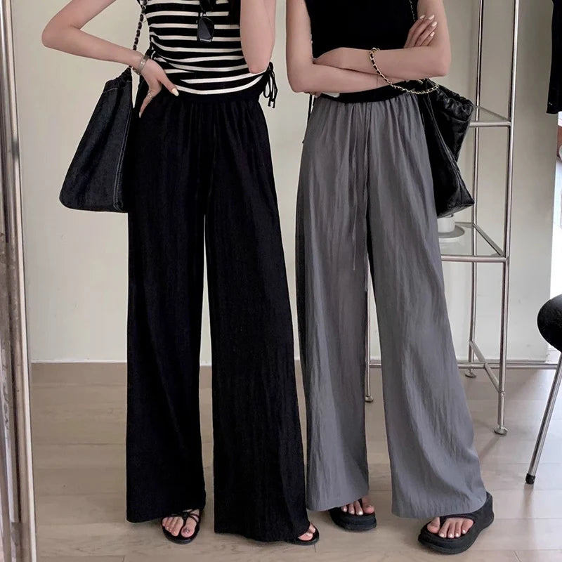 Girls High Waist Straight Leg Casual Pants Lady Drawstring Ice Silk Trousers Hot Sale Women Solid Loose Fit Pants