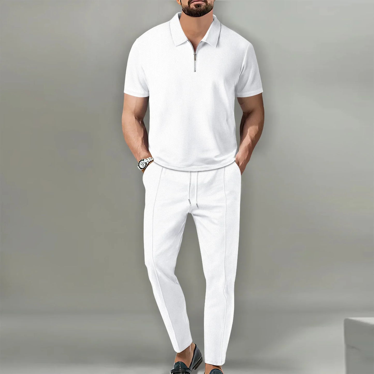 2026 Autumn New European and American Men's Solid Color Leisure Suit Waffle Collar Short-sleeved Zipper Pants Suit