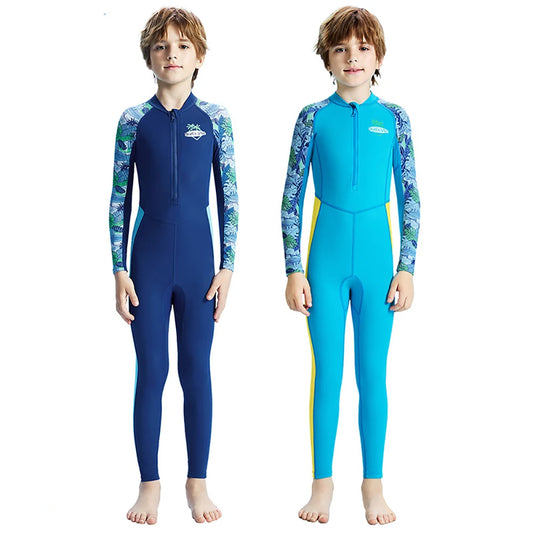 Boys Girls One-Piece Swimsuits Swimwear Long Sleeve Wetsuits Bathing Suit Beachwear Sun Protection(Including Swimming Cap)