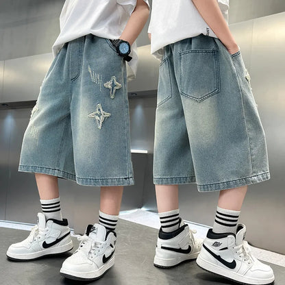 Boy Star Jeans 2025 Summer New Fashion Pocket Stretch Boys Denim Mid-Pants Childrens Boys Casual Cropped Pants 3-15 Years Old