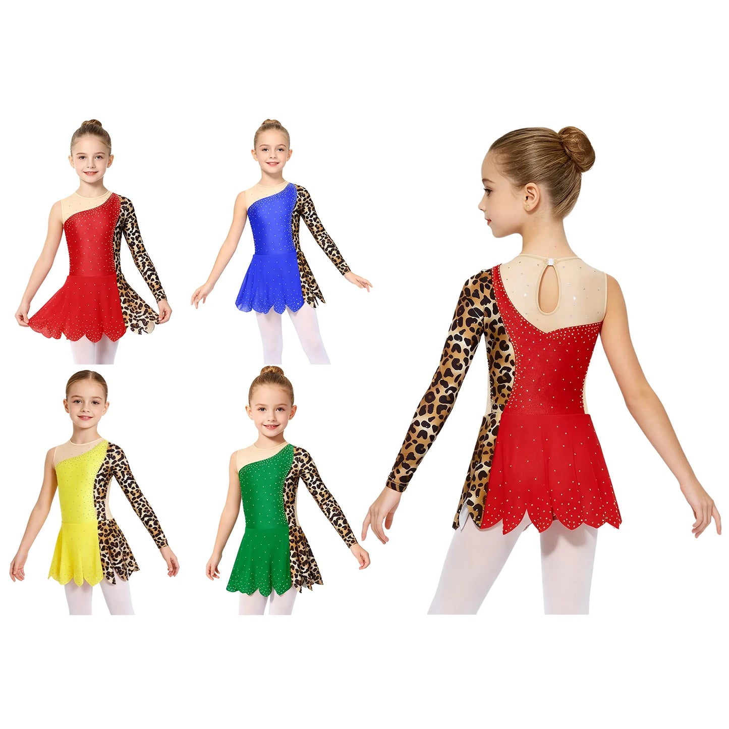 Teens Girls Lyrical Dance Dress Skating Rhythmic Gymnastics Costume Contrast Color Asymmetrical Split Rhinestones Leotard Dress