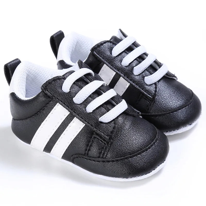 Newborn Baby Boys Shoes for 1 Year Footwear with Striped Infant Casual PU Leather Toddler Soft Sole Girls Sneakers First Walkers