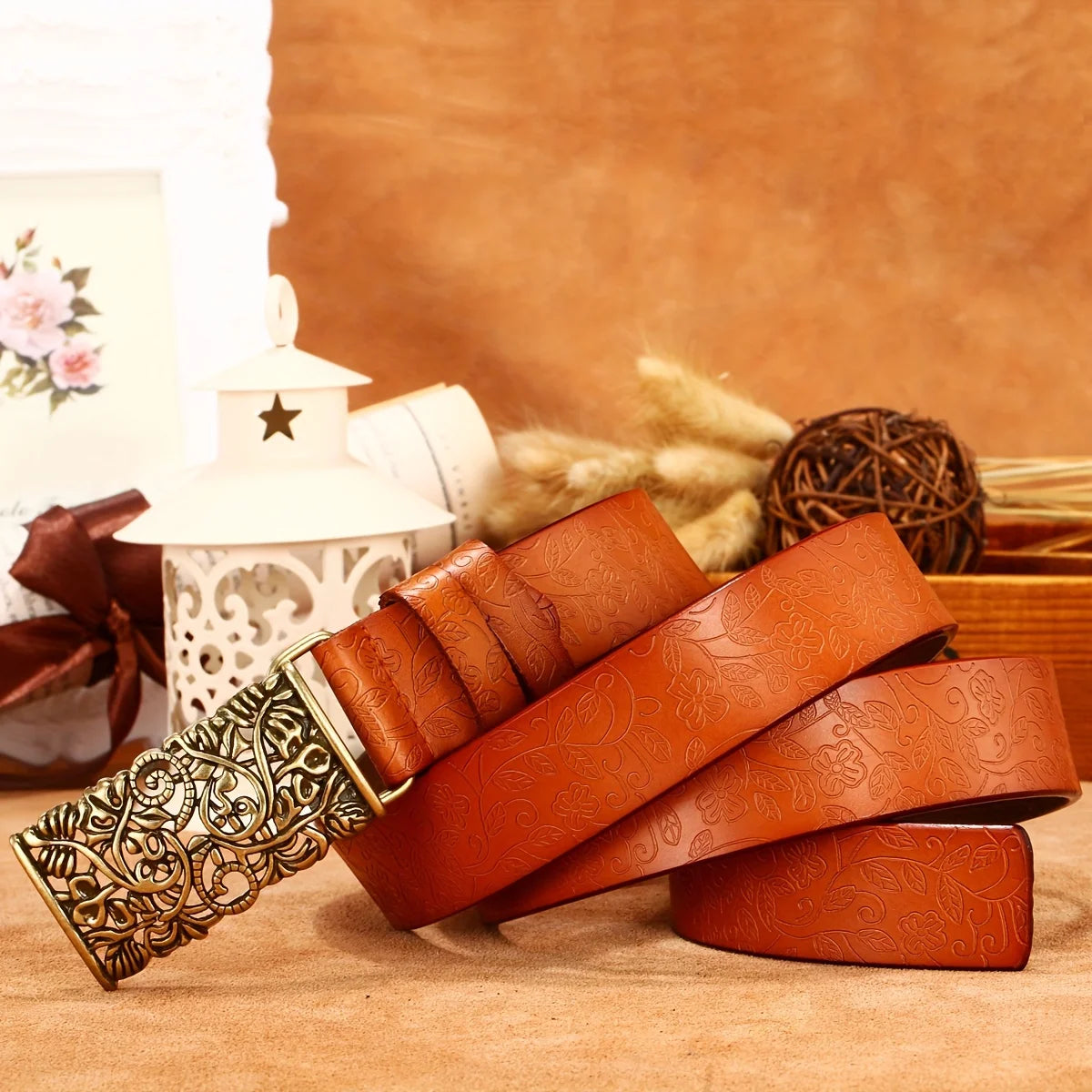 Vintage Flora Women Belts Cowhide Leather Belt Waistband with Sculpture Alloy Buckle for Dresses Skirts and Jeans