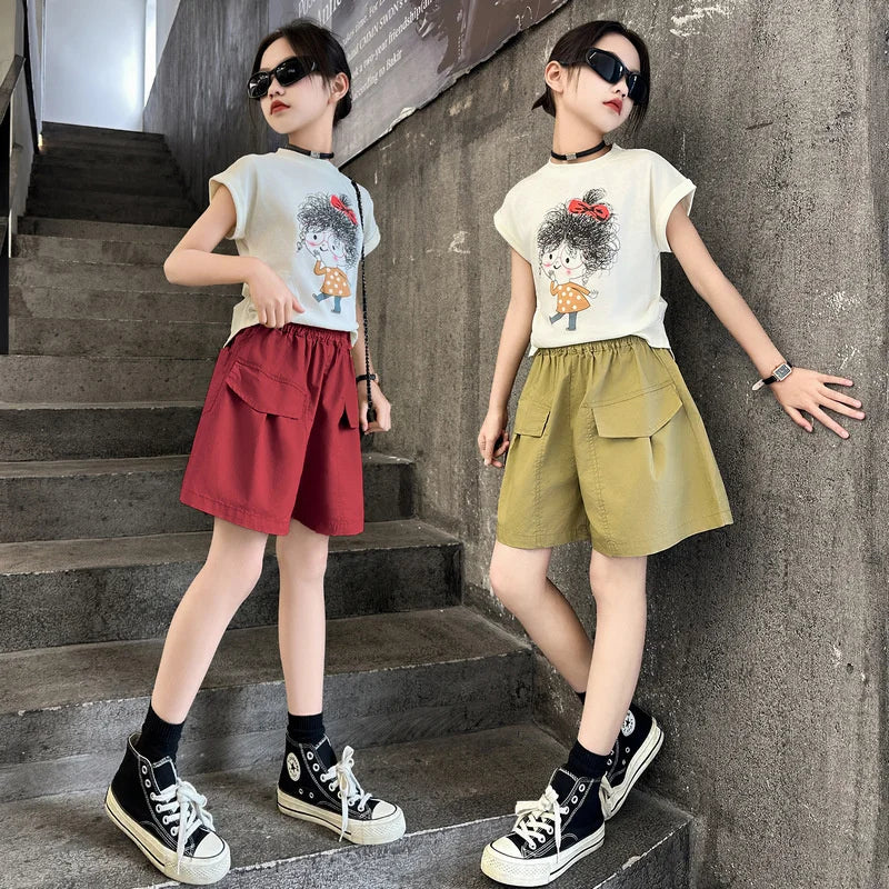 Teen Girls Summer Clothing Set Cartoon T Shirt Cargo Shorts 2PCS Suit Kids Child Fashion Streetwear Outfits 5 6 8 10 12 13 14 Y