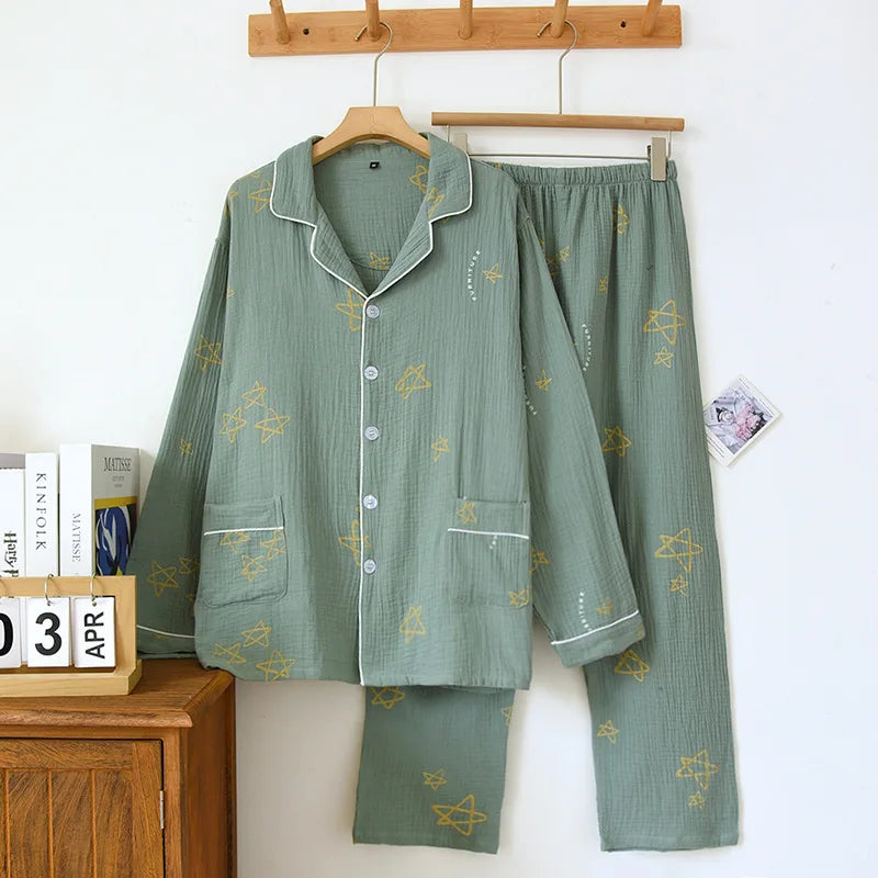 Men's Trousers Pajamas Set for Spring and Summer Thin Design Cotton Fabric Short Sleeved Long Pants Home Men Pyjama Set