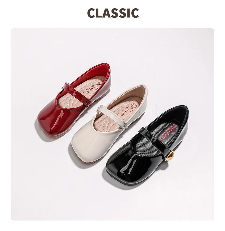 2025 Girl's Leather Shoes Square Toe Elegant Shallow Kids Mary Janes Flat Sole Comfy Children Single Shoes Girls Princess Shoes
