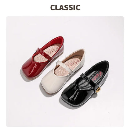 2025 Girl's Leather Shoes Square Toe Elegant Shallow Kids Mary Janes Flat Sole Comfy Children Single Shoes Girls Princess Shoes