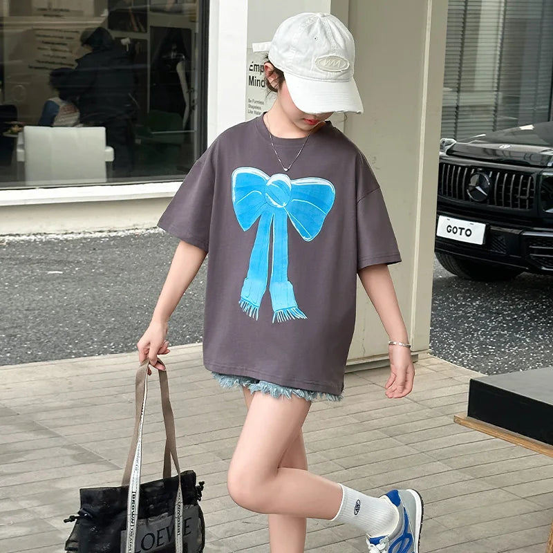Girls Summer T-shirt Short Sleeve Fashion Design Casual Teenage Kids Tee Tops with Bow Children Short Sleeve Tshirt Clothing