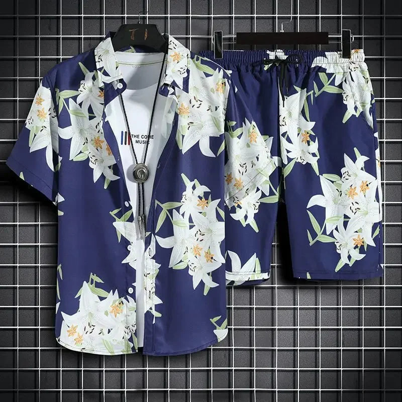 Summer Beach Clothes For Men 2 Piece Set Quick Dry Hawaiian Shirt and Shorts Set Men Fashion Clothing Printing Casual Outfits