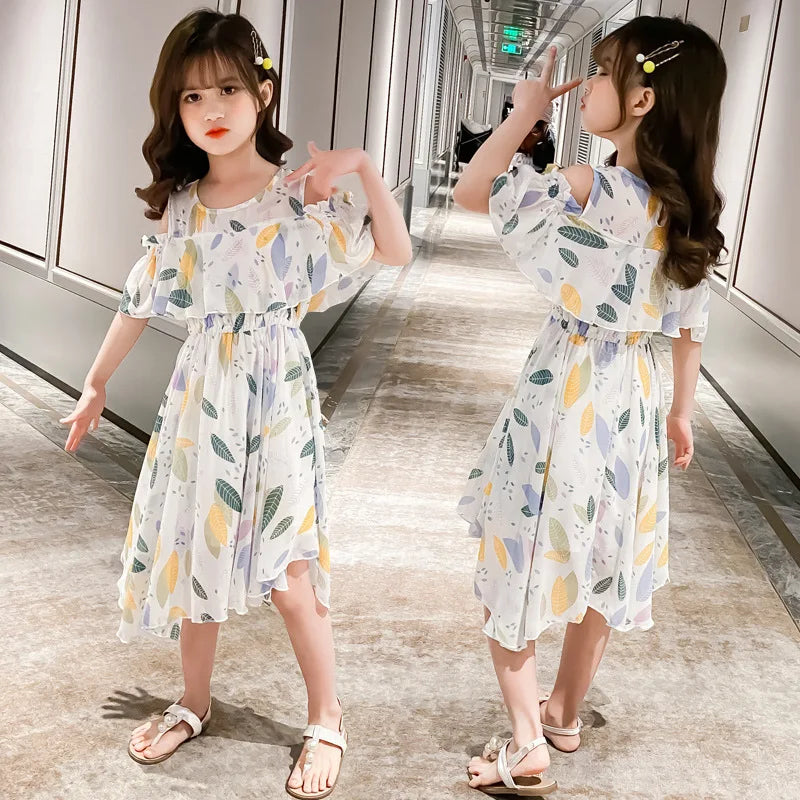 2026 teens Summer baby Girls Dress Clothes mesh leaf Bohemian Floral Off Shoulder chiffon Long Beach 3 4 5 6 7 8 9 10 12 years